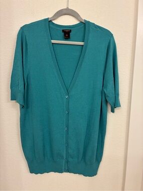 Anne Klein Teal Short‑Sleeve V‑Neck Button‑Front Cardigan — Size XL (EUC)